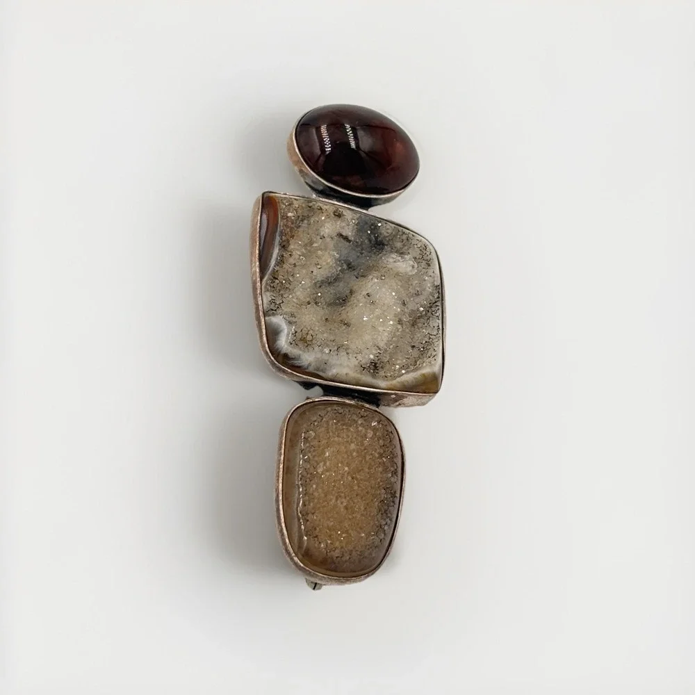 Vintage Amy Kahn Russell Modernist Sterling Silver Brooch Pendant Agate Druzy